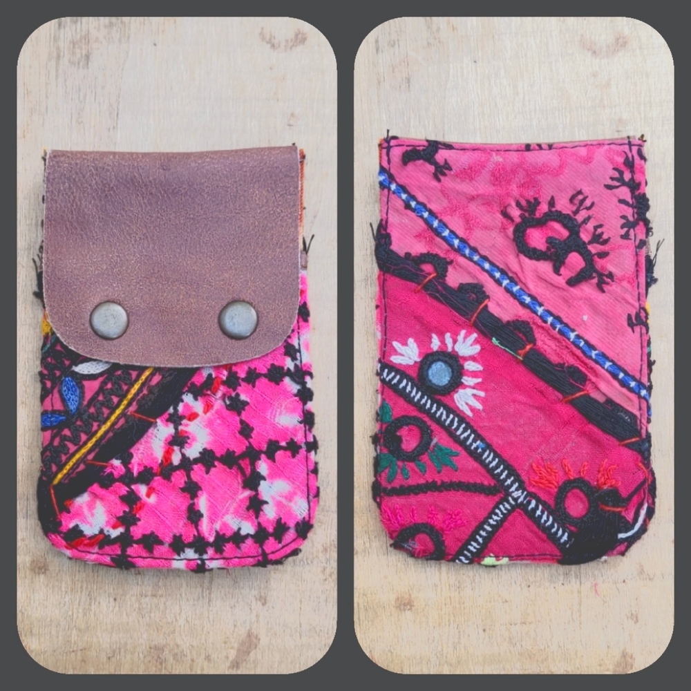 🥂🕺 Free People Boho Embroidered Repurposed vtg banjara hippie Wallet card case